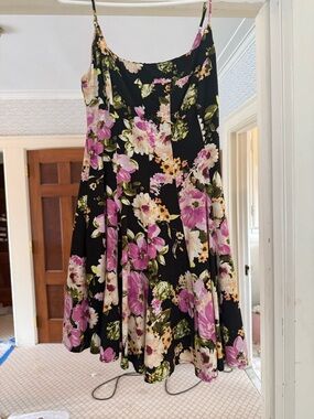 Aqua Black Floral Mini Dress with Pink & Cream Blooms